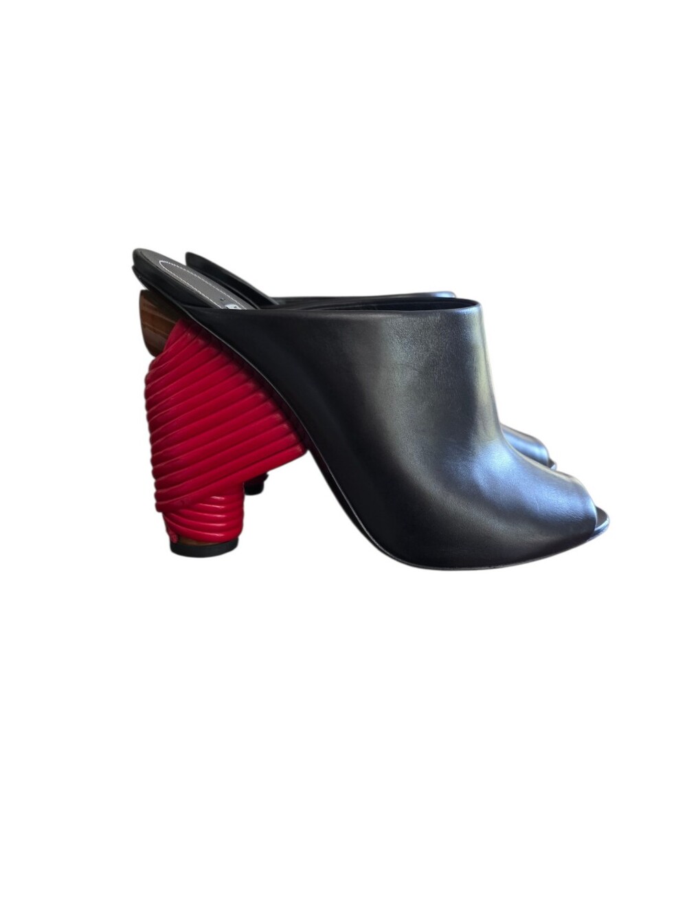 Balenciaga Black Leather Sculptural Mules Red Spiral Heel Size 37.5